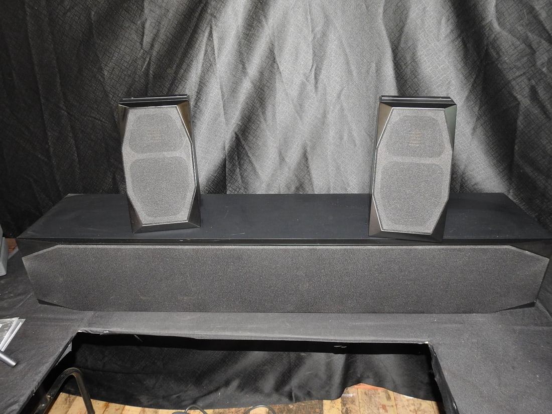 Emotiva Airmotiv Speaker Set of 5: Set of five Emotiva Airmotiv speakers. Tested and in good working condition. No cords included. Approx. 62 H x 33 W x 17 D in.
