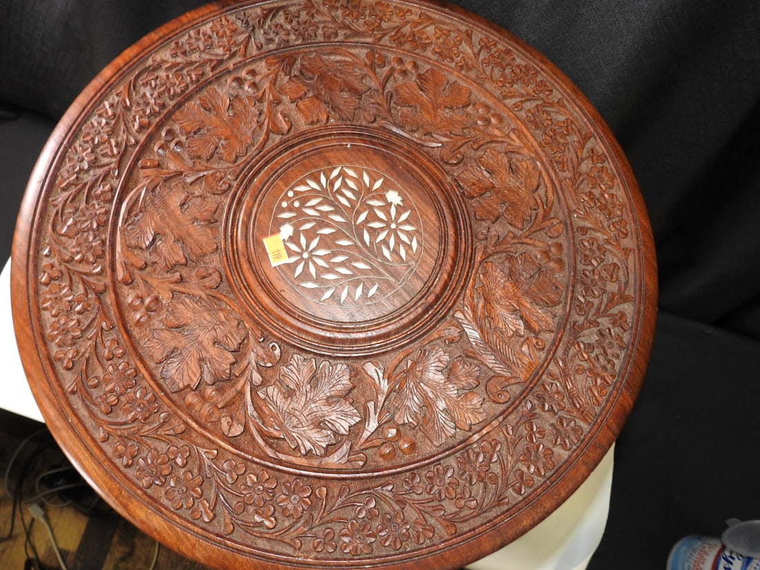 Antique Hand-Carved Folding Table with Inlay - 4