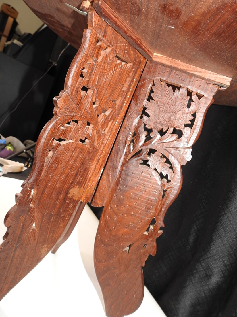 Antique Hand-Carved Folding Table with Inlay - 5