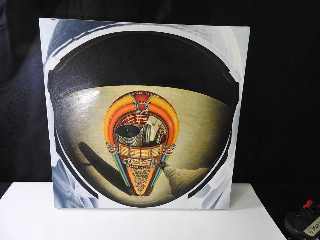 Oil Painting on Canvas, Astronaut with Jukebox Reflection: Oil painting on canvas depicting an astronaut-like figure with jukebox reflection. Artist unknown. Approx. 2 H x 24.5 W x 24 D in.