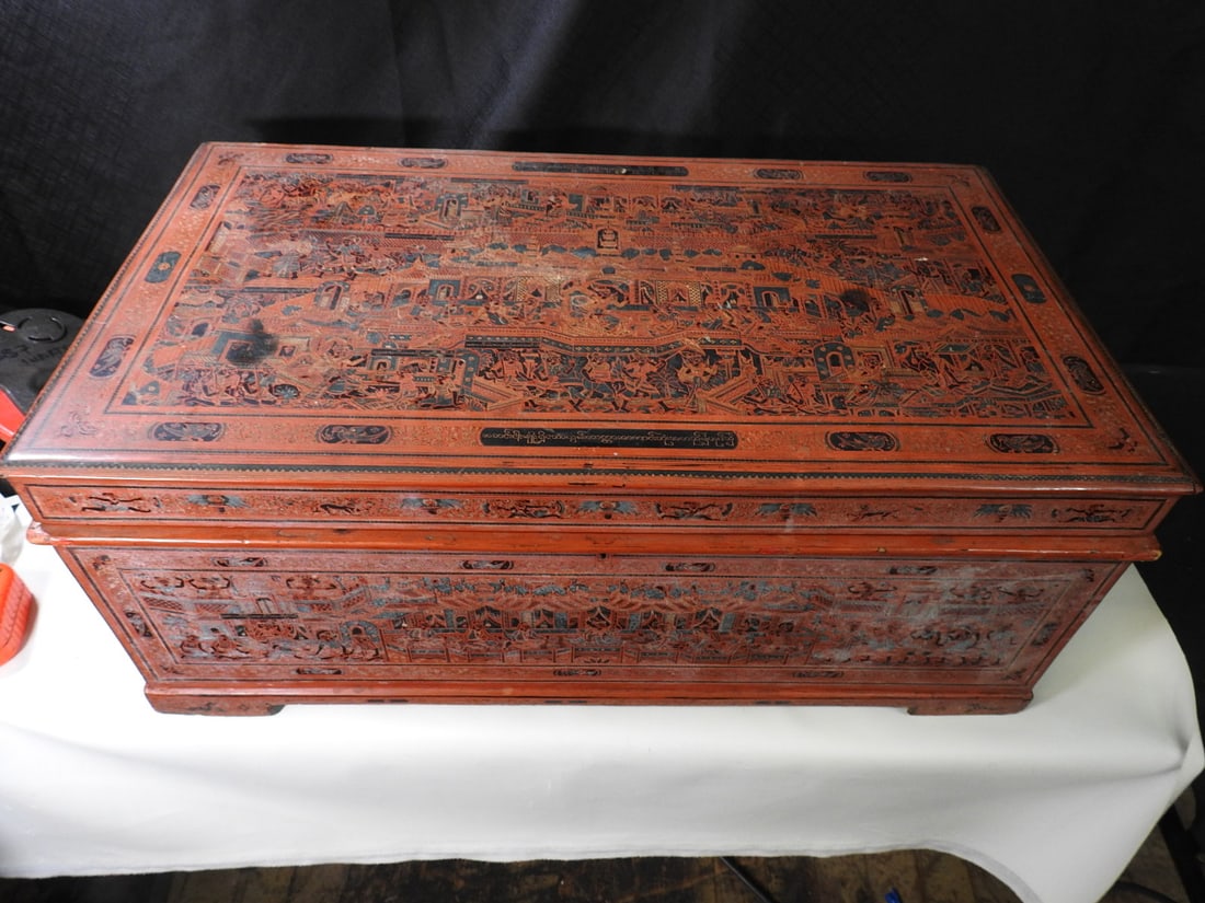 Traditional Burmese Lacquerware Storage Chest: Traditional Burmese lacquerware storage chest, known as a Thitta, decorated with incised Yun-style designs associated with Bagan, Myanmar. Approx. 10.5 H x 25 W x 14 D in.