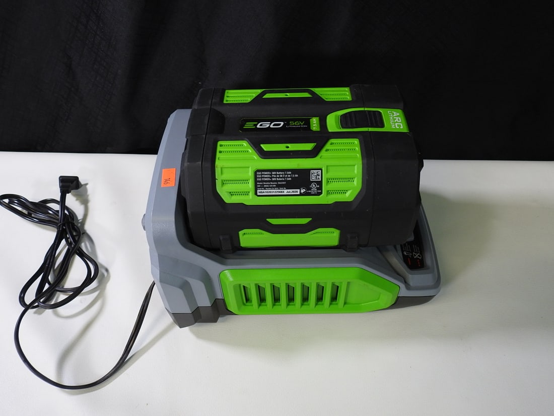 EGO 56V Lithium Ion Battery and CH500 Rapid Charger: EGO 56V lithium ion battery with CH500 rapid charger. 7.5Ah battery noted. Approx. 8 H x 10.5 W x 8 D in.
