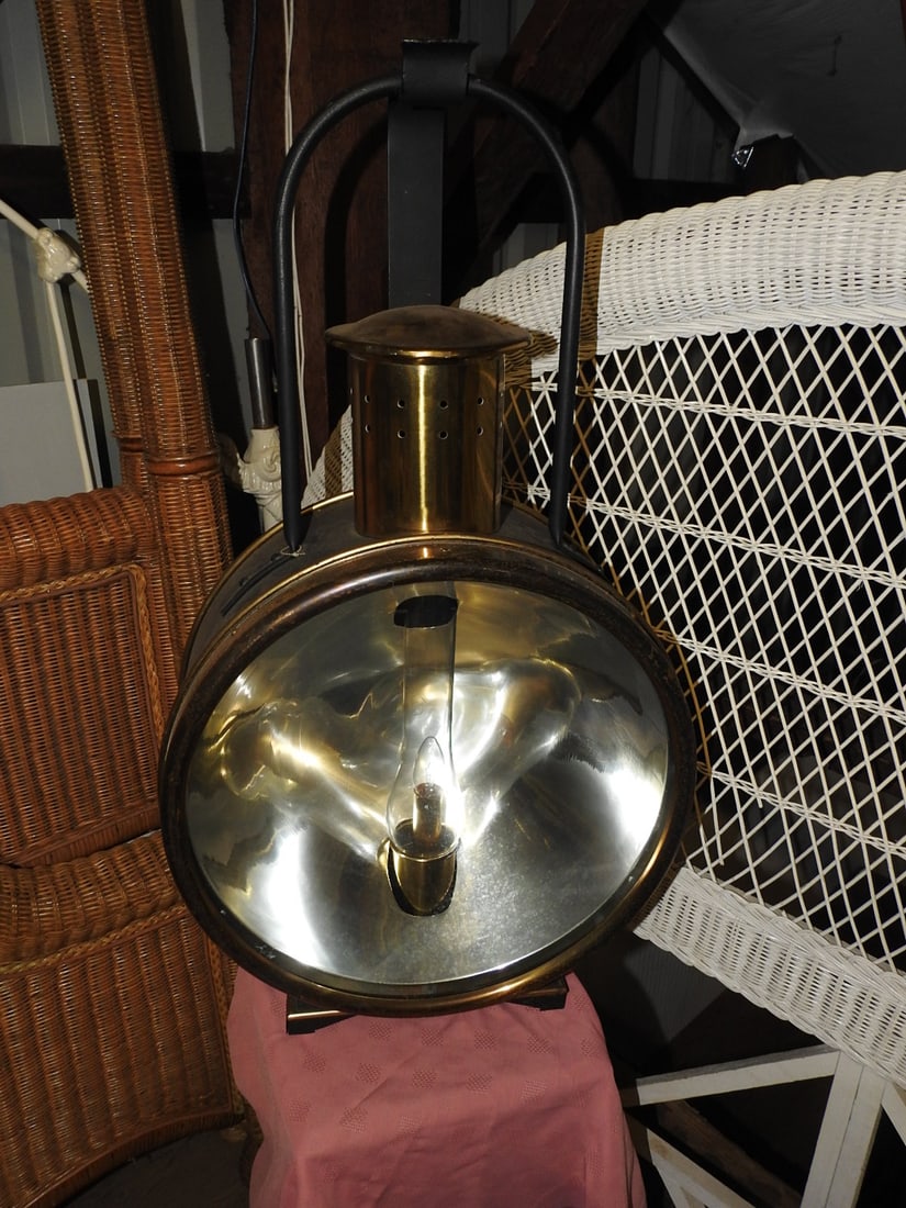 Antique Converted Train Light Lamp: Antique Converted train/railroad-style light wired for 110V household use. Approx. 37 H x 20 W x 9.5 D in.