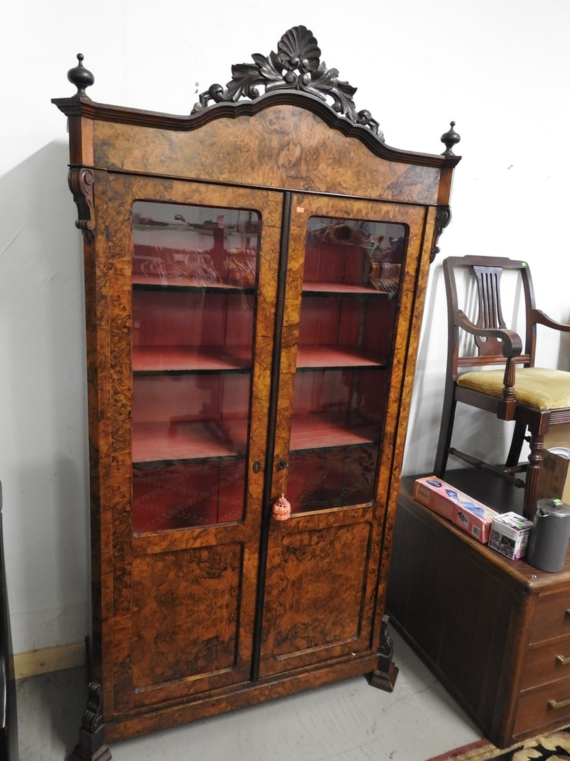 19th Century French Louis Philippe Style Glazed Bookcase: 19th-century French Louis Philippe style glazed bookcase/cabinet. Interior appears repainted red; Geneva markings noted. Approx. 79 H x 41 W x 16 D in.