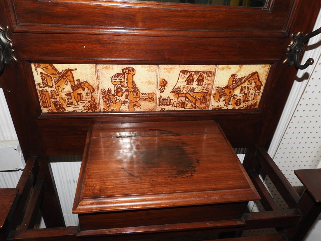Antique Hall Tree with Mirror & Ceramic Tile Panels - 2