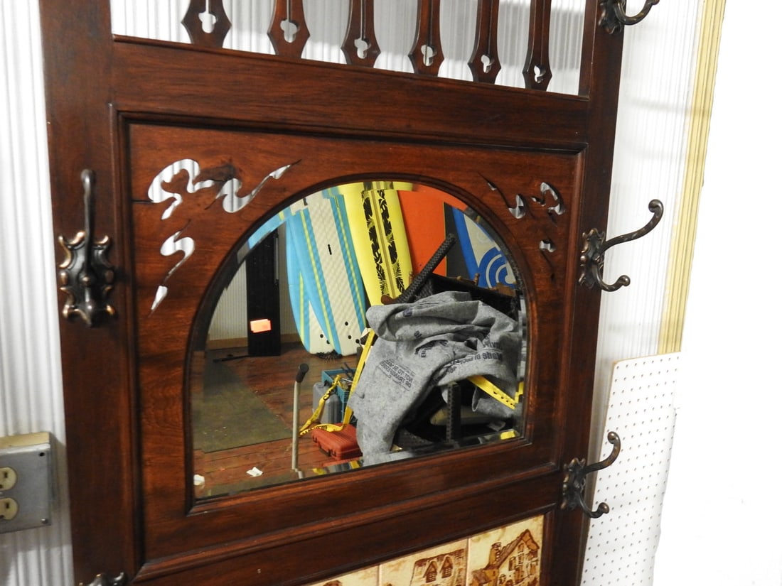 Antique Hall Tree with Mirror & Ceramic Tile Panels - 3