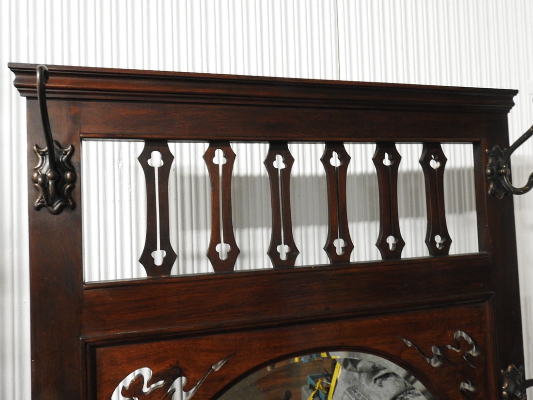 Antique Hall Tree with Mirror & Ceramic Tile Panels - 4