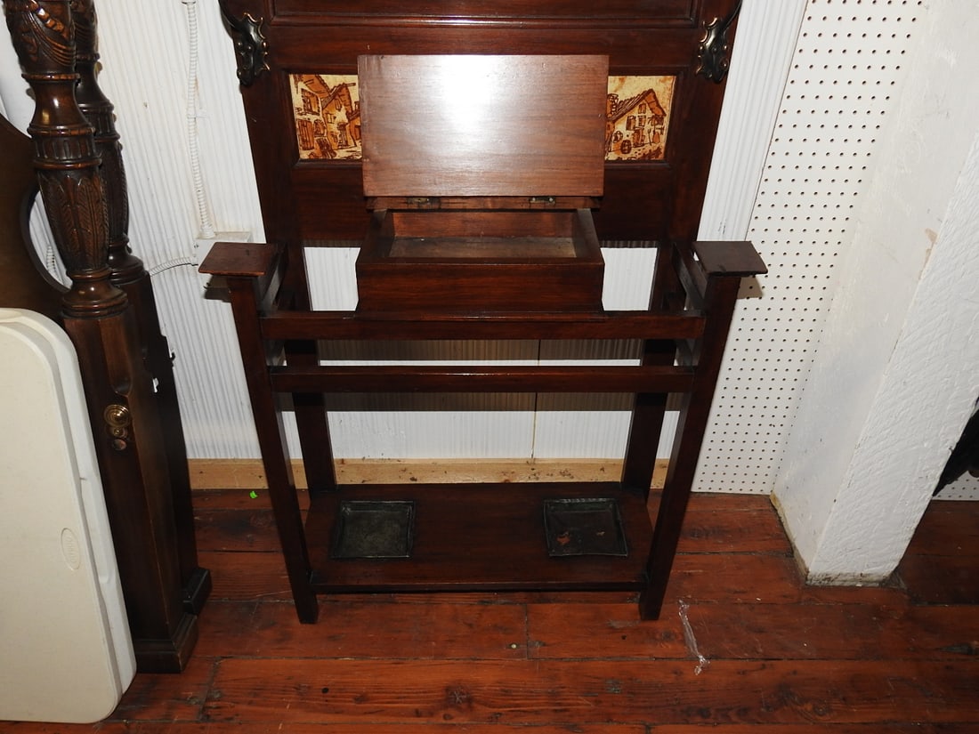 Antique Hall Tree with Mirror & Ceramic Tile Panels - 5