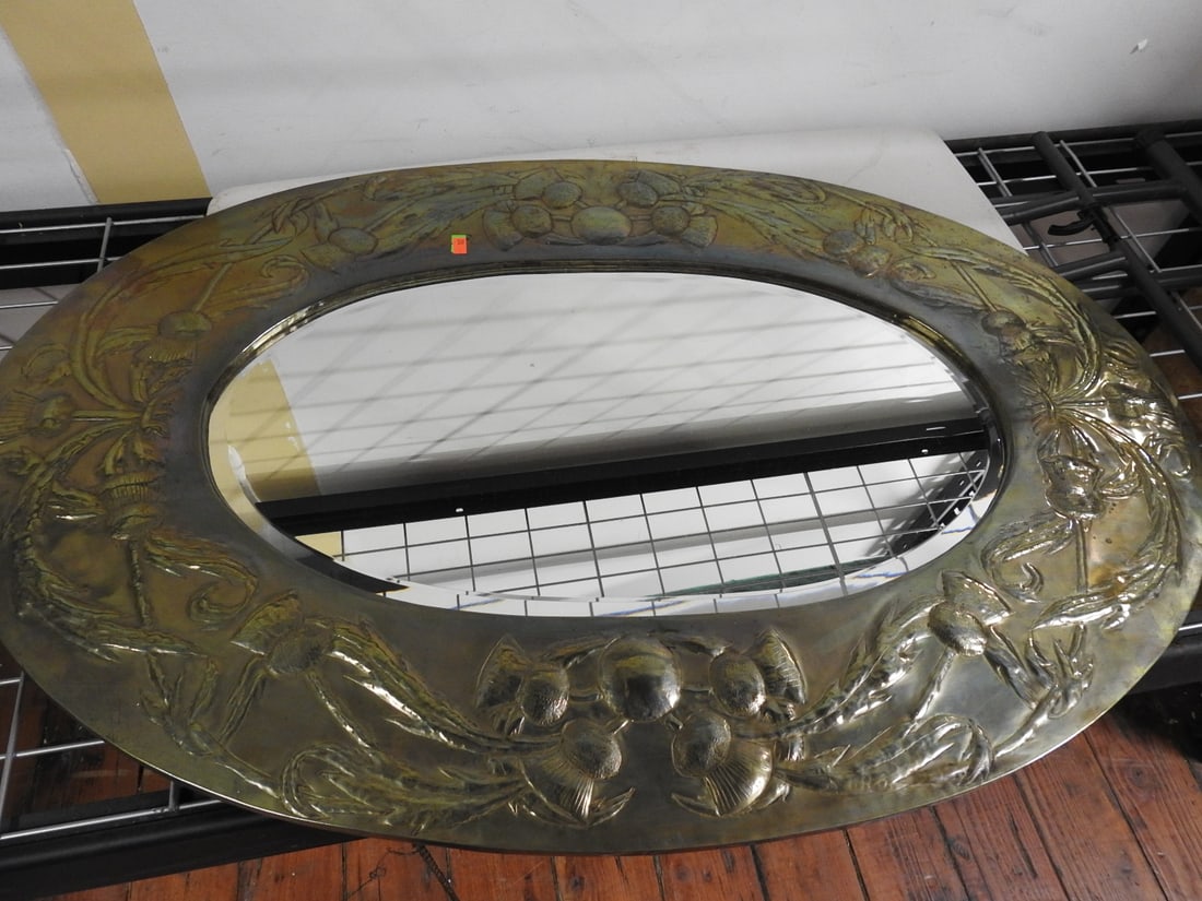 Antique Oval Pebbled Mirror with Embossed Brass Frame - 2