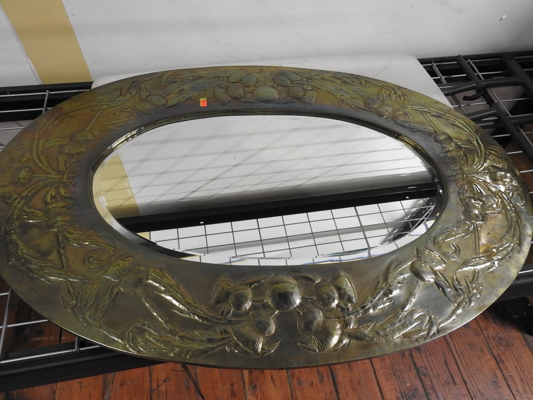 Antique Oval Pebbled Mirror with Embossed Brass Frame - 3