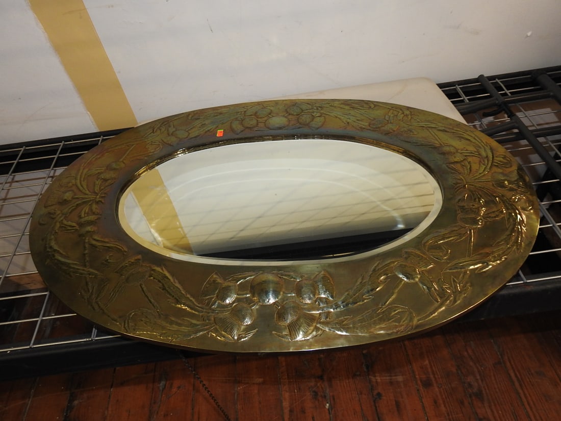 Antique Oval Pebbled Mirror with Embossed Brass Frame - 7