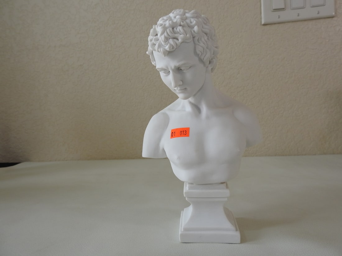 Classical Michelangelo's David Bust Statue: Top Land Trading Myths and Legends line classical statue after Michelangelo's David. Approx. 9 x 5 x 3.5 in.