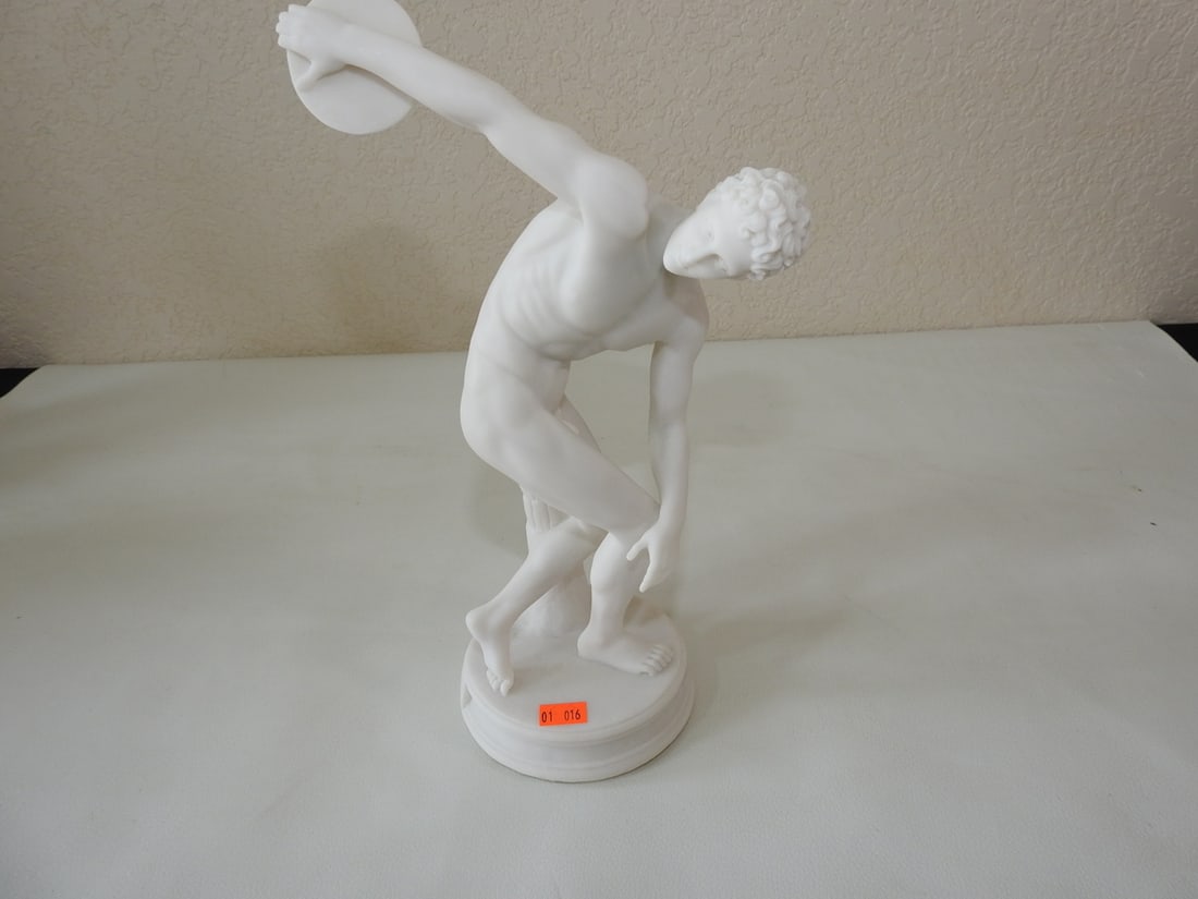Classical Discobolus Statue: Top Land Trading Myths and Legends line classical statue depicting Discobolus. Approx. 11.75 x 6.5 x 4.5 in.