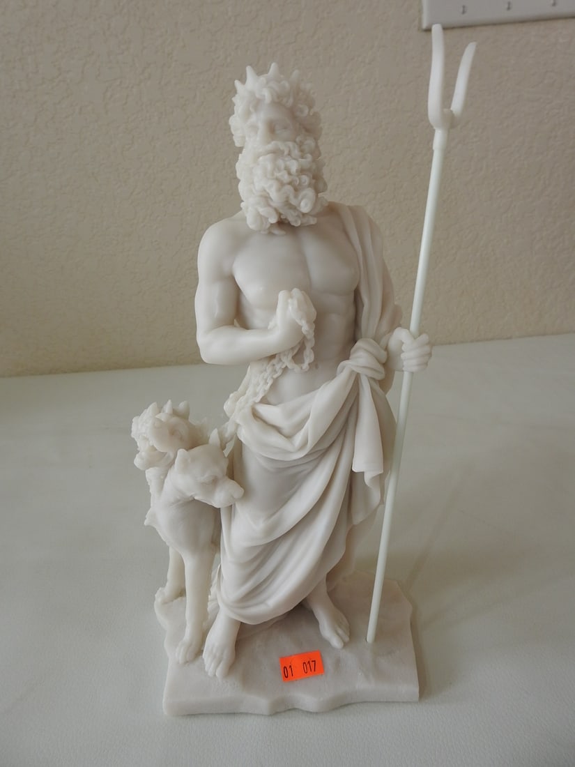 Classical Hades with Cerberus Statue: Top Land Trading Myths and Legends line classical statue depicting Hades with Cerberus. Approx. 11 x 5.5 x 4 in.