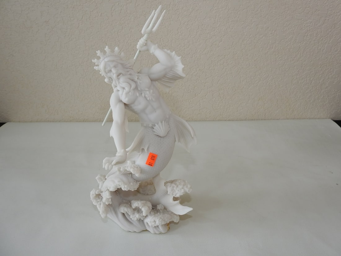 Classical Poseidon Statue: Top Land Trading Myths and Legends line classical statue depicting Poseidon. Approx. 12.5 x 5.5 x 6 in.