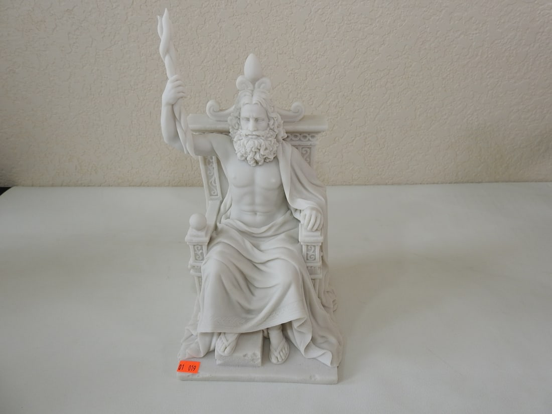 Classical Zeus Statue: Top Land Trading Myths and Legends line classical statue depicting Zeus. Approx. 11.75 x 6.5 x 6.25 in.
