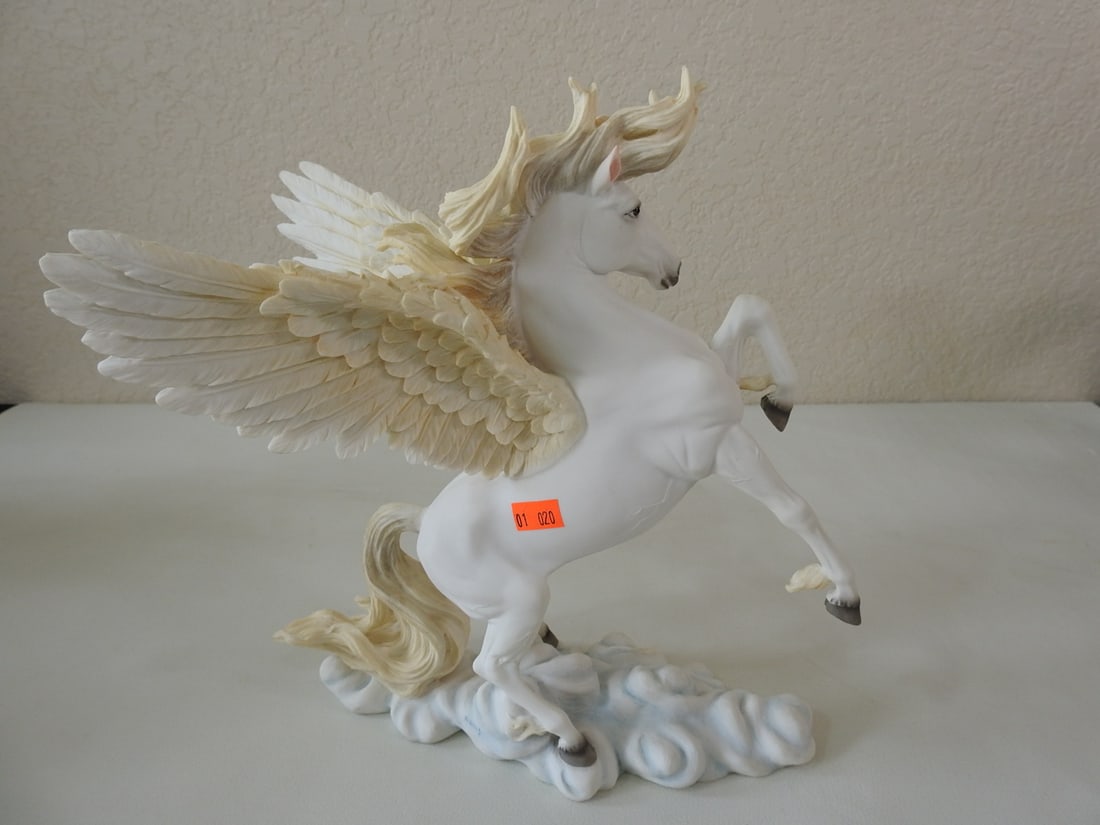 Classical Pegasus Statue: Top Land Trading Myths and Legends line classical statue depicting Pegasus. Approx. 11.5 x 6.5 x 10.5 in.