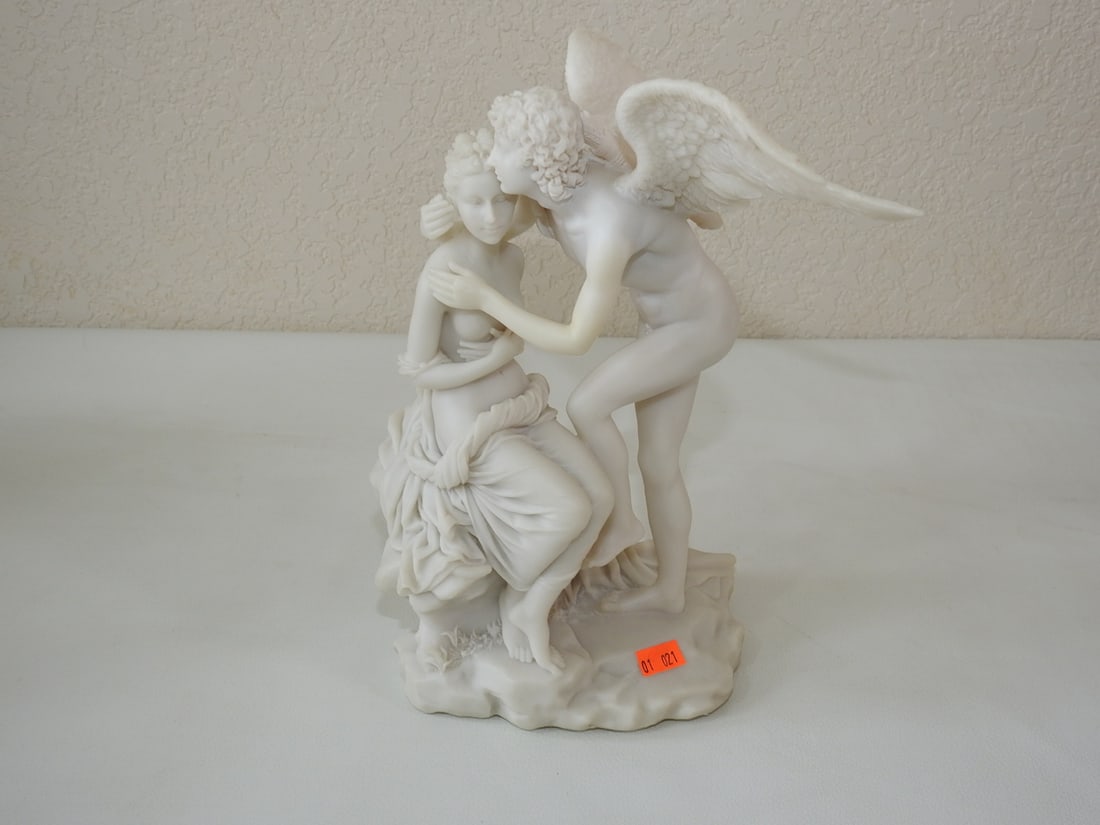 Classical Psyche and Cupid Statue: Top Land Trading Myths and Legends line classical statue depicting Psyche and Cupid. Approx. 10 x 7.5 x 4.5 in.