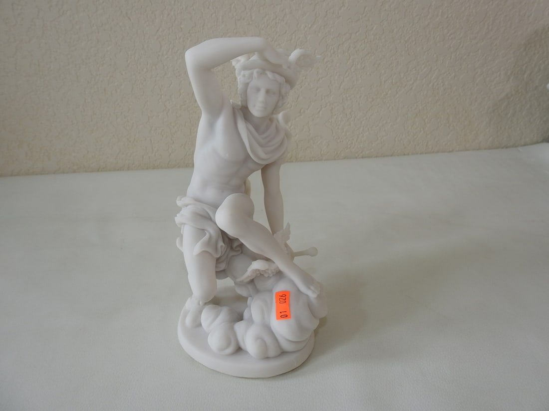 Classical Hermes Statue: Top Land Trading Myths and Legends line classical statue depicting Hermes. Approx. 8.75 x 5 x 4.5 in.