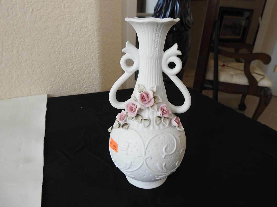 Vintage Wall Porcelain Bisque Floral Vase: Vintage Japanese Wall porcelain bisque floral vase with raised flower decoration. Approx. 8 x 4 x 4 in.