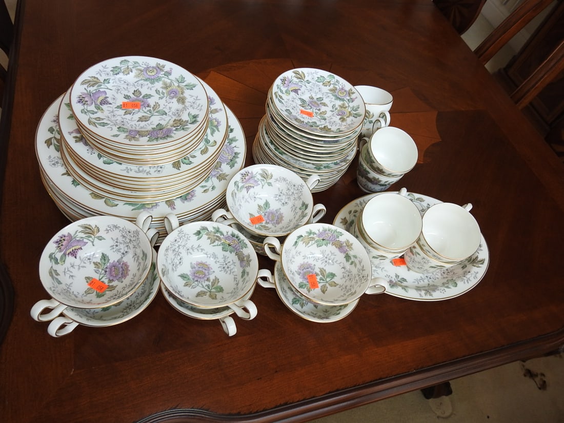 Wedgwood Avon Bone China Dinnerware Set, 57 Pieces: Vintage Wedgwood fine bone china dinnerware set in the Avon pattern, 57 pieces. Approx. 24 x 12 x 18 in.