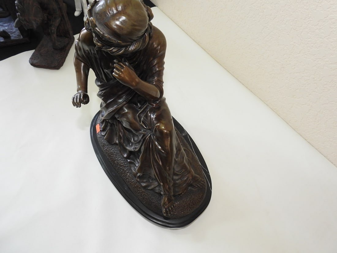 Bronze Young Woman Statue on Black Marble Base - 2