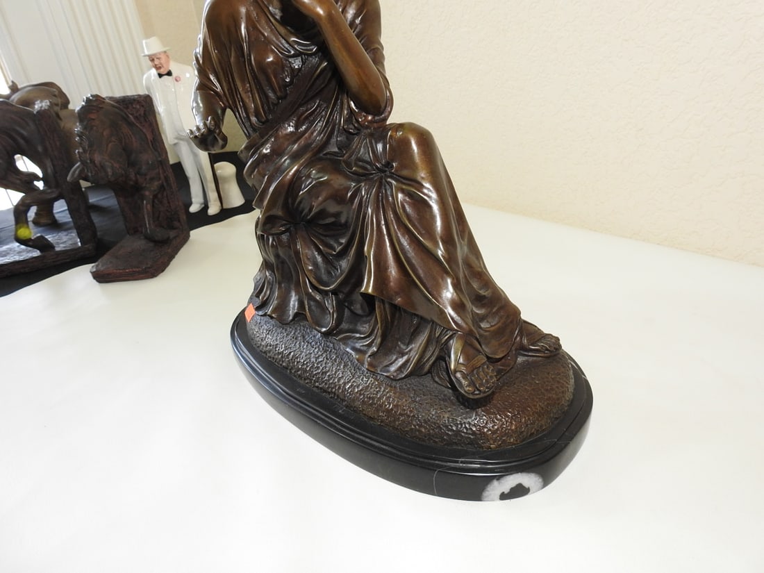 Bronze Young Woman Statue on Black Marble Base - 5
