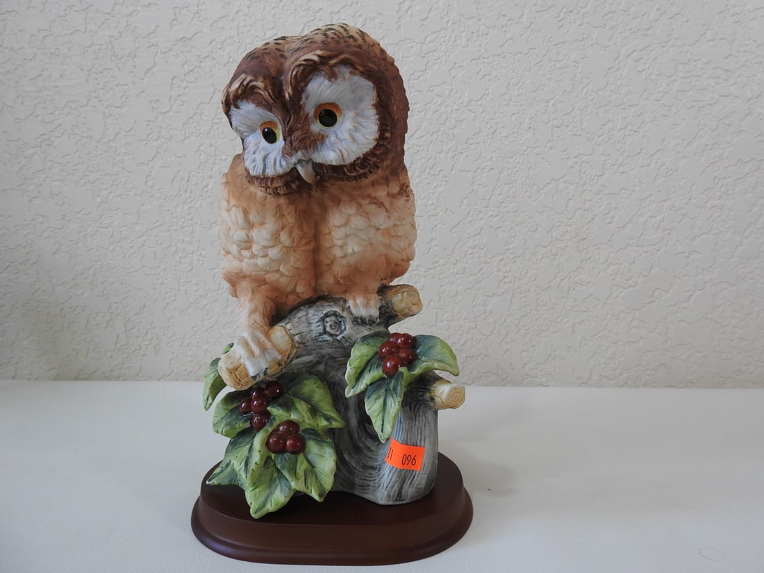 Andrea by Sadek Porcelain Elf Owl Figurine: Vintage Andrea by Sadek porcelain elf owl figurine on wood display base. Approx. 9 x 5.5 x 5.75 in.