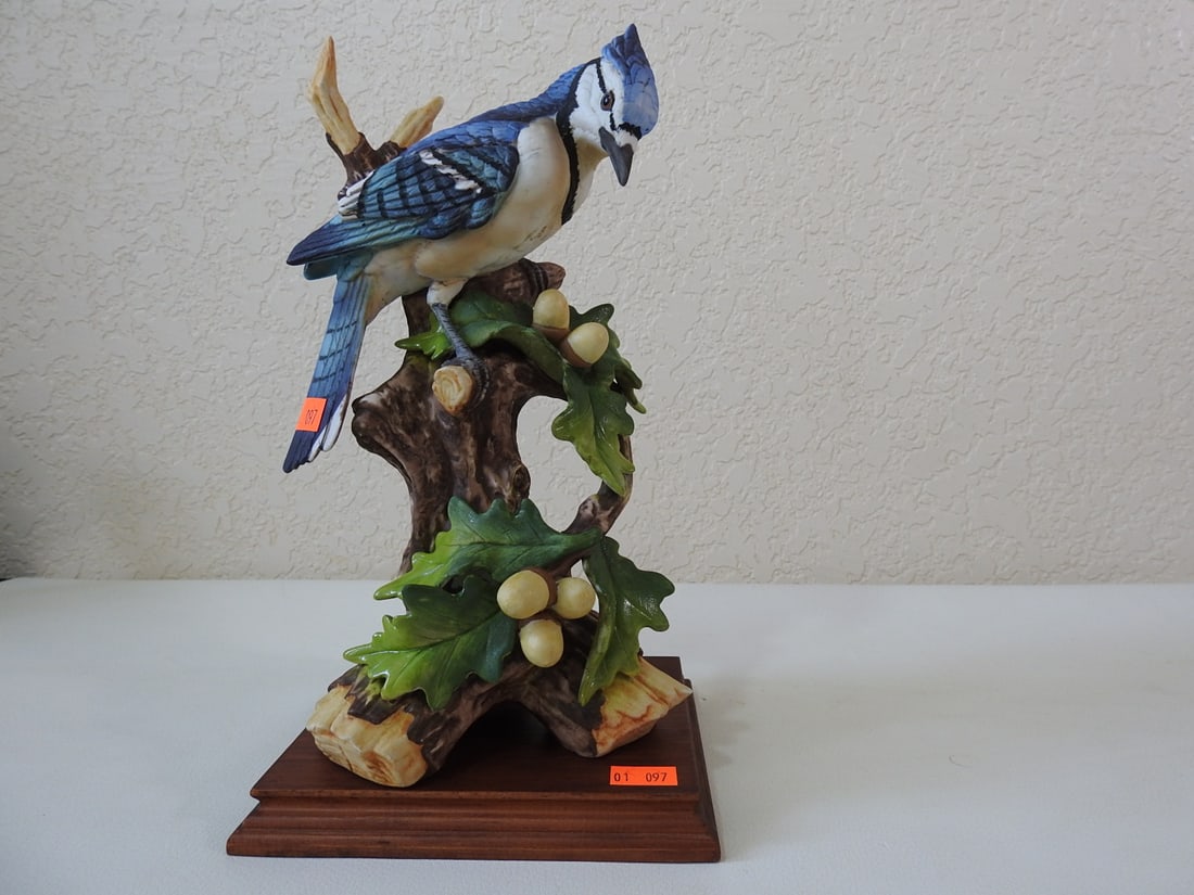 Andrea by Sadek Porcelain Blue Jay Figurine #8753: Vintage Andrea by Sadek porcelain blue jay figurine, serial #8753. Approx. 10 x 5.5 x 5 in.