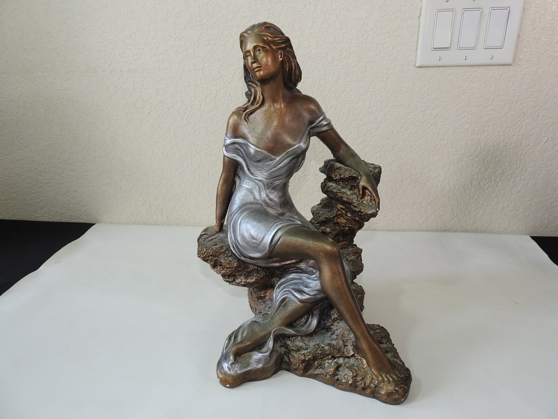 Austin Sculpture 1980 Gilt Plaster Girl Statue: Gold gilt plaster statue of a girl, signed Austin Sculpture 1980. Approx. 16 x 11.5 x 13 in.