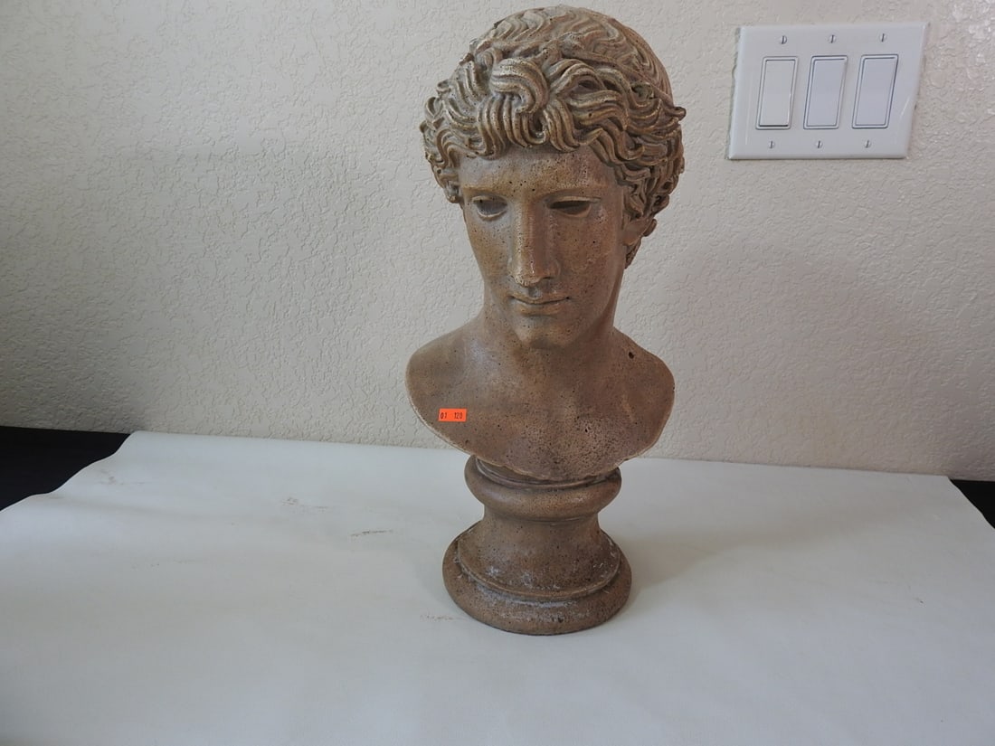 Austin Productions Faux Stone Julius Caesar Bust: Classical faux stone Julius Caesar bust by Austin Productions, plaster, copyright 1984. Approx. 17.25 x 9.5 x 8.75 in.
