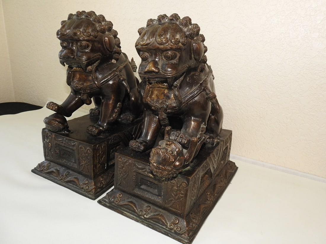 Pair of Bronze Chinese Fu Dog Statues - 2