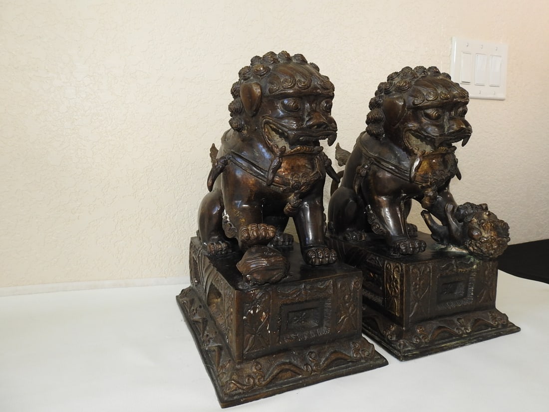 Pair of Bronze Chinese Fu Dog Statues - 3