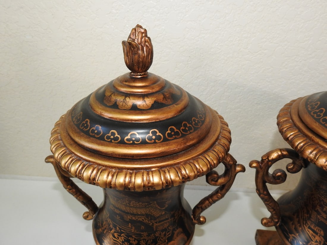 Pair of Chinese Ceramic Mantel Urns with Gold Decor - 2