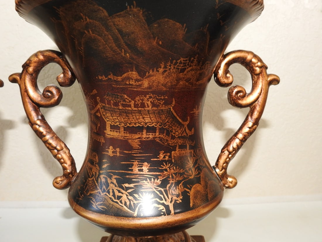 Pair of Chinese Ceramic Mantel Urns with Gold Decor - 5