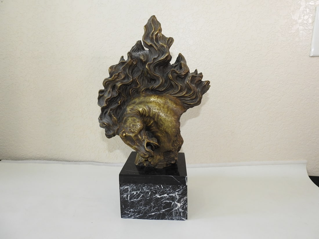 Stylized Brass Horse Head Statue on Marble Base: Stylized mythical horse head statue in solid brass on marble base, signed Wu Yao Hui. Approx. 17 x 10 x 5.5 in.