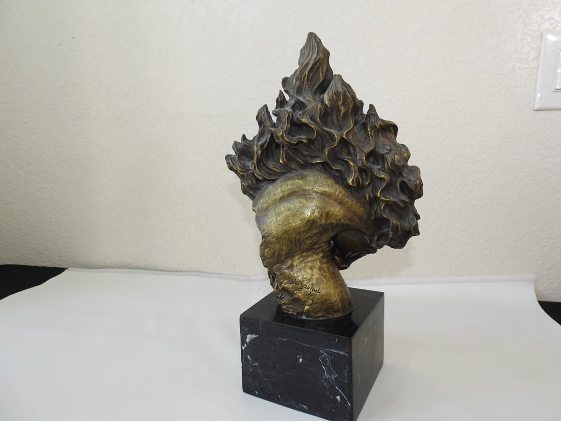 Stylized Brass Horse Head Statue on Marble Base - 4