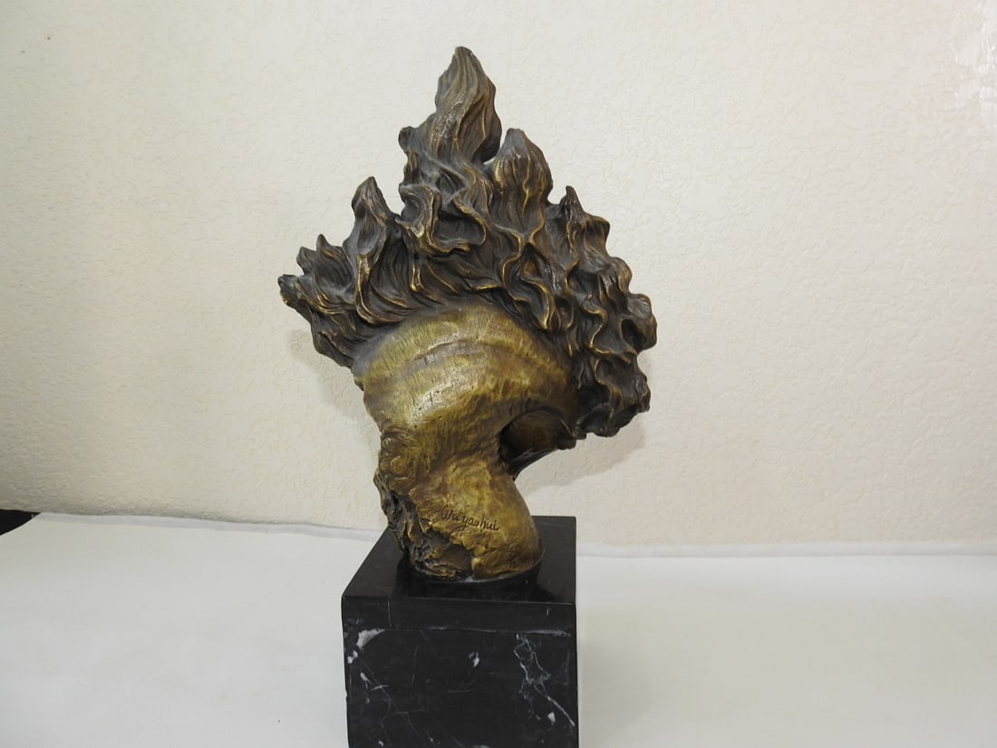 Stylized Brass Horse Head Statue on Marble Base - 5