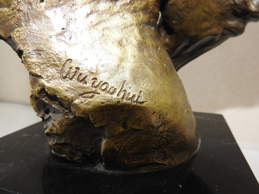 Stylized Brass Horse Head Statue on Marble Base - 6
