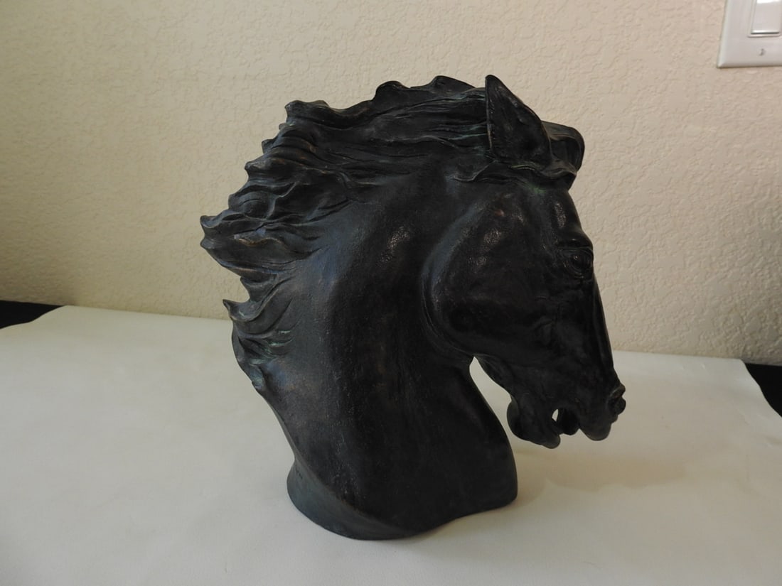 Bronze Horse Bust with Green Patina Accent: Hollow cast bronze horse bust in classical style with green patina accents. Approx. 12.5 x 11 x 6 in.