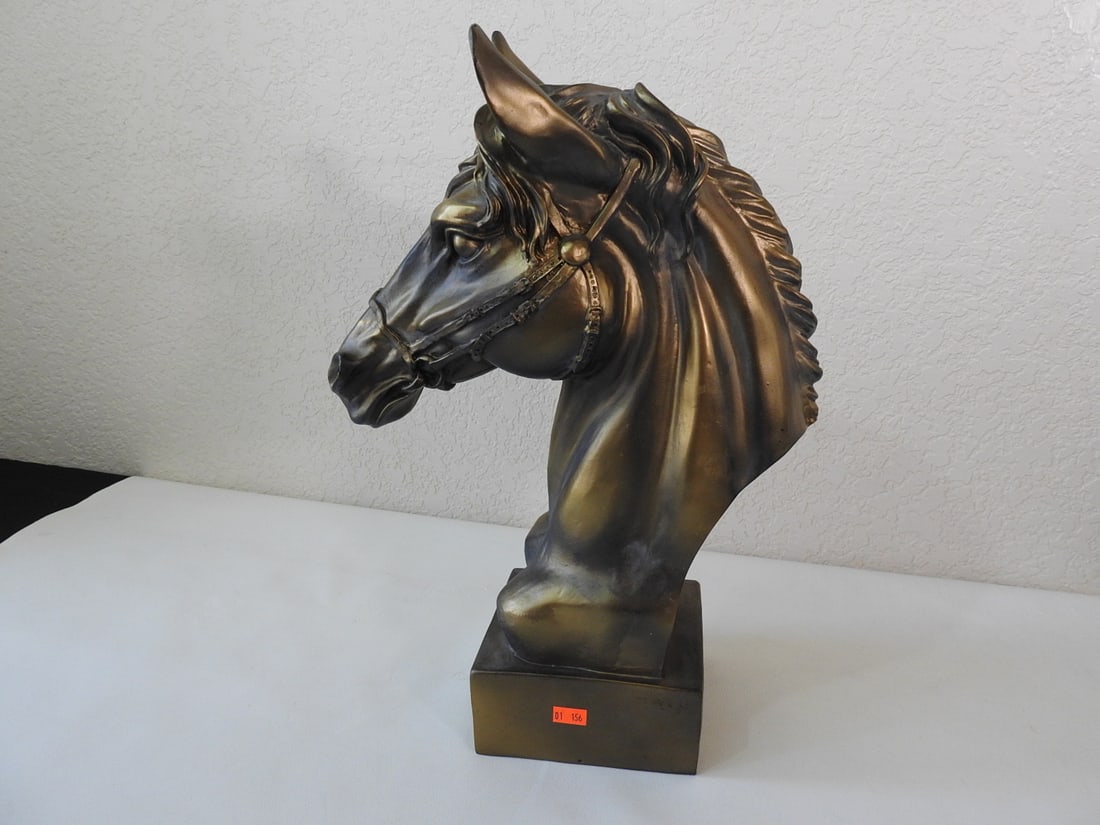 Faux Antique Bronze Horse Bust on Square Base: Faux antique bronze horse bust made of resin and mounted on square base. Approx. 16.5 x 5 x 16.5 in.