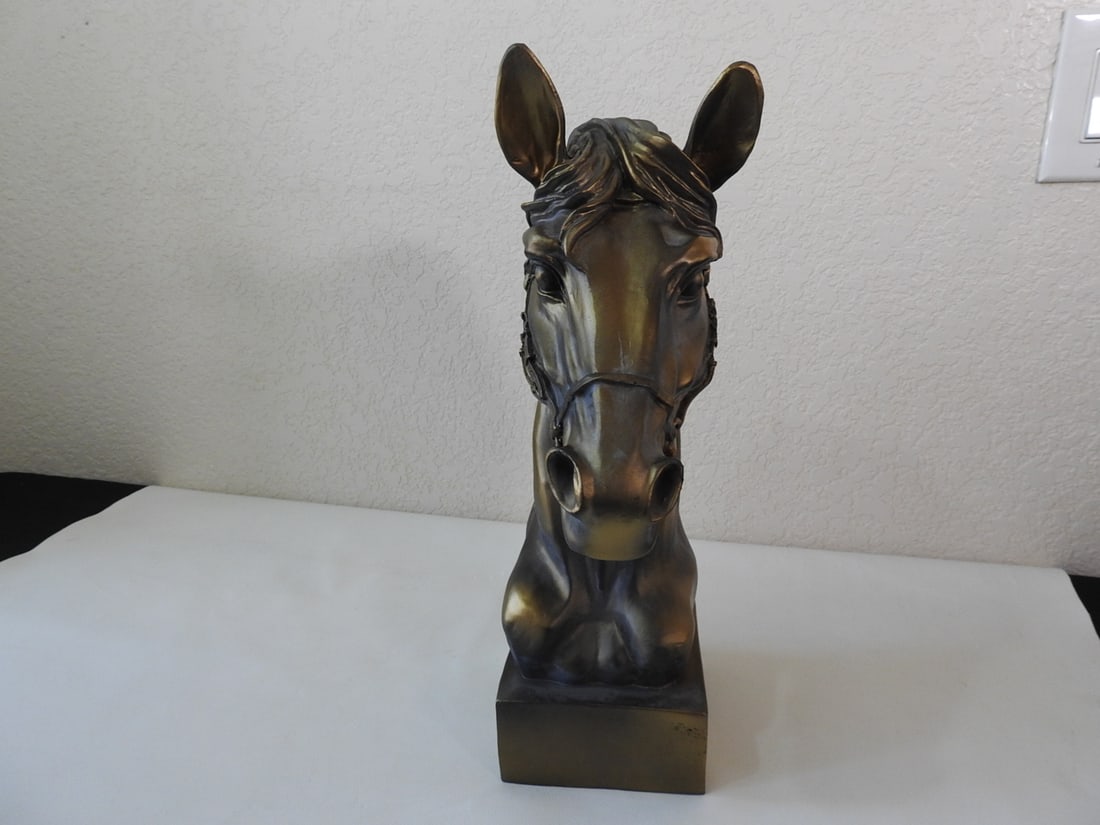Faux Antique Bronze Horse Bust on Square Base - 2