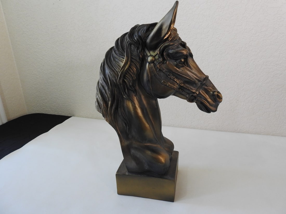 Faux Antique Bronze Horse Bust on Square Base - 5
