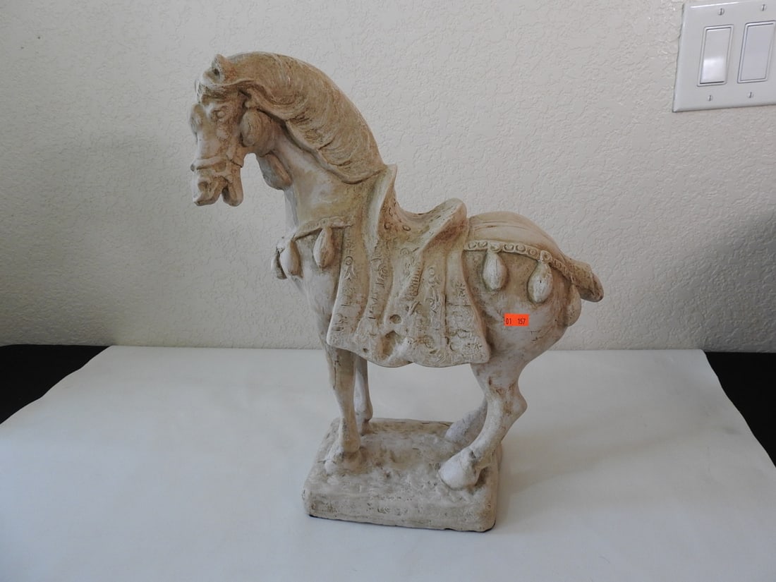 Eastern Style Faux Stone Plaster Horse Statue: Eastern style plaster horse statue with faux stone finish. Approx. 18.5 x 14 x 6 in.