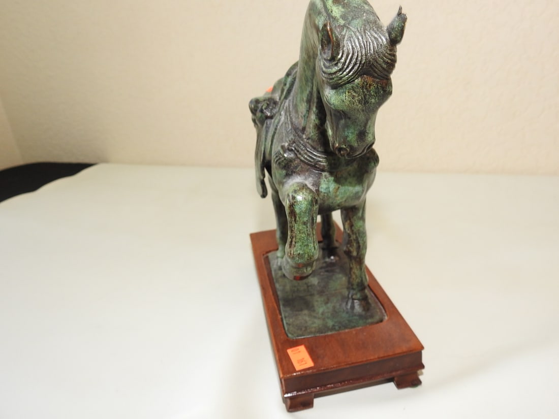 Chinese Solid Bronze Horse Statue on Wood Base - 2