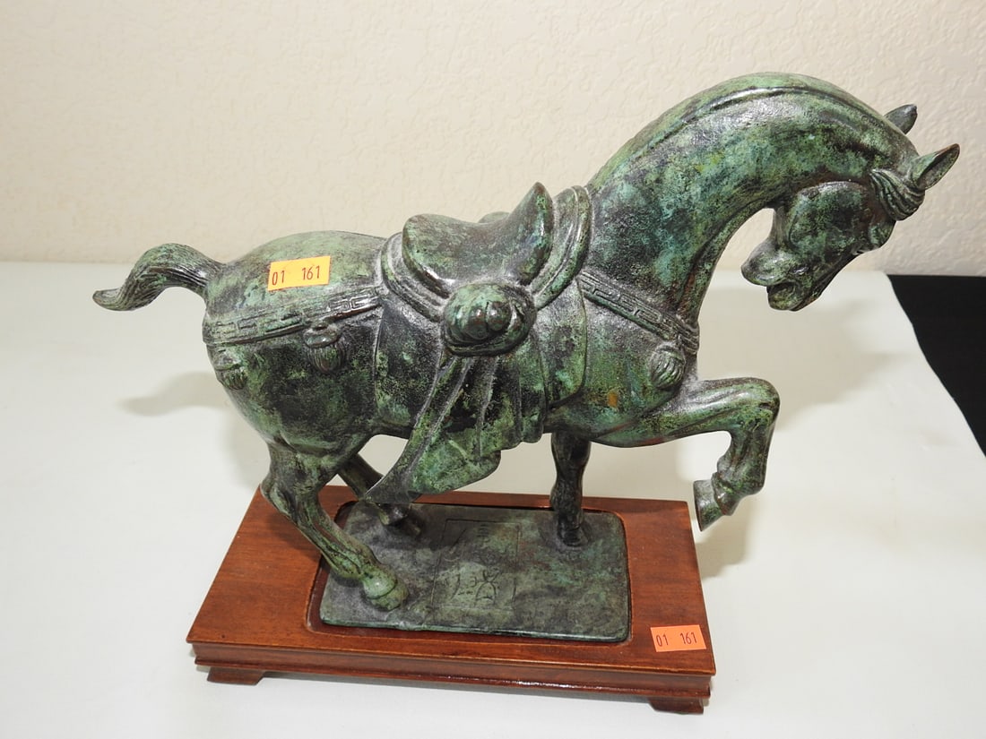 Chinese Solid Bronze Horse Statue on Wood Base - 4