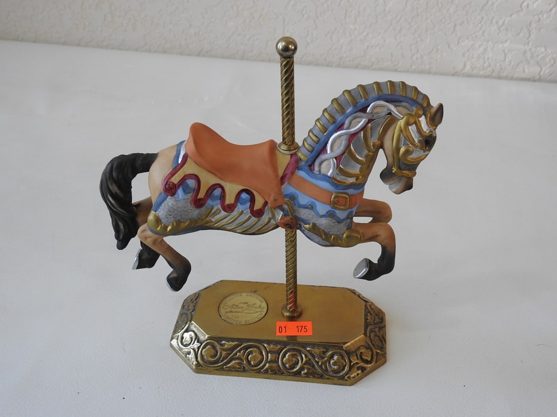 Willitts Tobin Fraley Limited Edition Porcelain Carousel Horse: Willitts Designs porcelain carousel horse from The Tobin Fraley Collection, limited edition #435 of 1500, signed, with brass pole, brass base, and gold painted accents. Approx. 7.5 x 7 x 3.25 in.