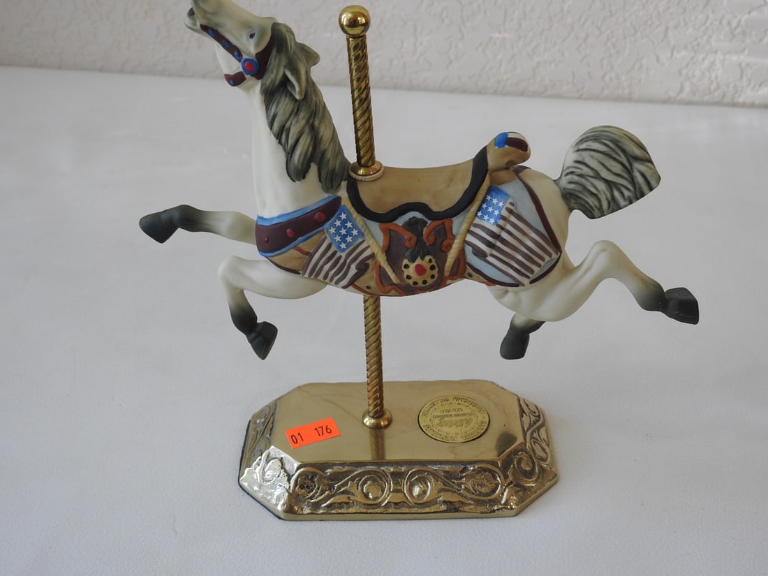 Willitts Americana Carousel Memories Porcelain Horse: Willitts Designs porcelain carousel horse from the Americana Collection / Carousel Memories Series, limited edition #523 of 9500, with brass pole, brass base, and gold painted accents. Approx. 7.75 x