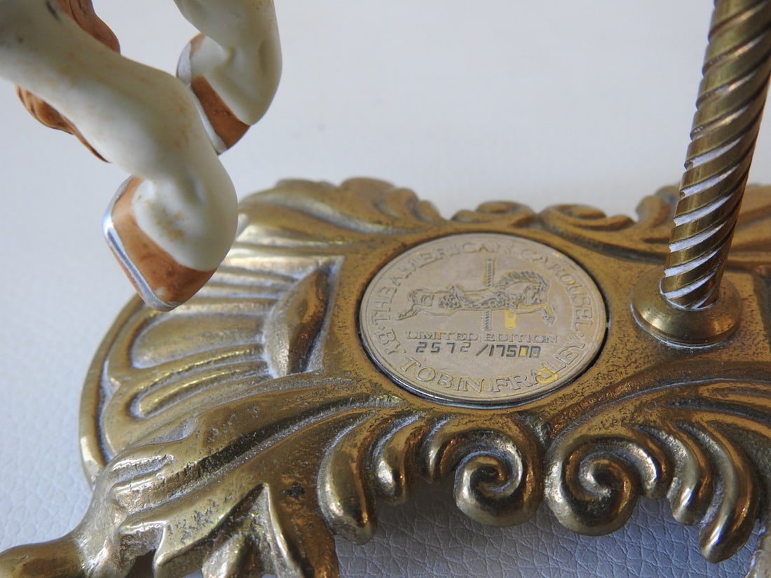 Tobin Fraley Collection Limited Edition Porcelain Carousel Horse: Porcelain carousel horse from The Tobin Fraley Collection, limited edition #2572 of 17508, made in Taiwan, with brass pole and base. Approx. 7.25 x 6 x 3.25 in.