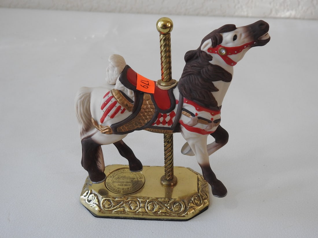 Willitts Americana Carousel Memories Porcelain Horse: Willitts Designs porcelain carousel horse from the Americana Collection / Carousel Memories Series, limited edition #642 of 9500, with brass pole and base. Approx. 5.5 x 6 x 2 in.
